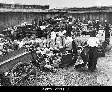 Gefangene des Aufräumungskommandos entladen das konfiszierte Eigentum eines Transports ungarischer Juden in einem Lager in Auschwitz. Die Juden in Ungarn waren ziemlich sicher, bis Hitler aus Angst, Ungarn würde einen Vertrag mit den Alliierten suchen, die Invasion des Landes im März 1944 anordnete. Zwischen dem 15. Mai und dem 9. Juli 1944 wurden über 434.000 Juden mit 147 Zügen deportiert, die meisten nach Auschwitz, wo etwa 80 Prozent bei der Ankunft vergast wurden. Der schnelle Fortschritt der Deportationen wurde durch die enge Zusammenarbeit zwischen den ungarischen und deutschen Behörden ermöglicht. Stockfoto