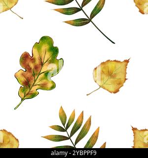Nahtloses Herbstlaub-Muster. Aquarellabbildung auf weißem Hintergrund. Für Typografie, Textilien, Geschirr, Tapeten Stockfoto