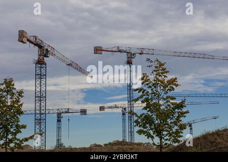 Mehrere Baukräne auf einer Baustelle unter bewölktem Himmel, mit Bäumen im Vordergrund und Erdhügeln Stockfoto