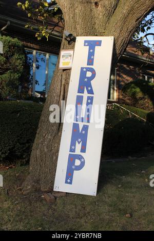 Selbstgemachtes Trump-Schild in Park Ridge, Illinois, mit einer Videokamera, die es vor Vandalen schützt Stockfoto