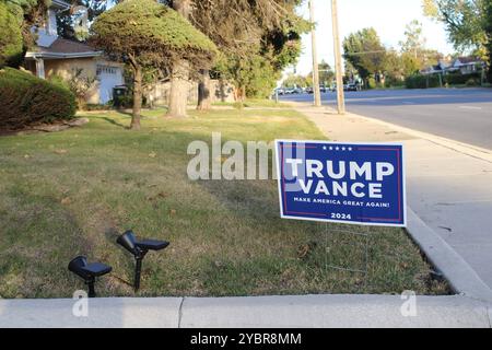 Trump Vance macht Amerika wieder groß 2024 Rasenschild mit einer Straße im Hintergrund in Park Ridge, Illinois Stockfoto