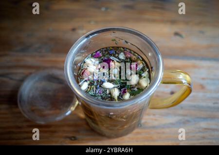 Ein Tisane-Tee, ein Aufguss duftender Kräuter, Früchte, Rinde, Blumen oder Gewürze, In heißem Wasser gedünstet oder gekocht, in der Regel koffeinfrei. Stockfoto