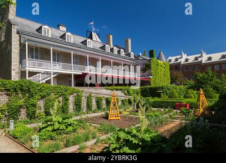 Mehrjährige Pflanzen auf geteilten Gemüseflächen in Governor's Plants und Gemüsegarten hinter Chateau Ramezay, teilweise mit Kletterweben bedeckt. Stockfoto