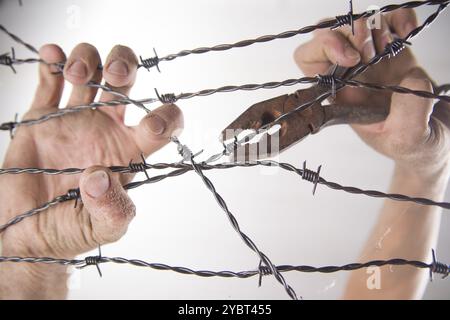 Hände greifen der Stacheldraht im Zeichen weg mit dem weißen Hintergrund zu laufen Stockfoto