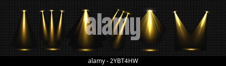 Spotlight Strahl für den Tisch. Lampenstrahleffekt-Vektor für Studio. Disco-Punktdesign mit Projektor. Abstrakte goldene Theaterbeleuchtung und Bodenprojektion für Stock Vektor