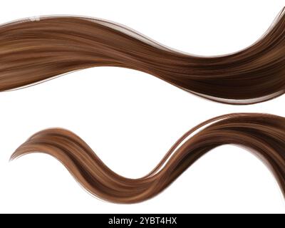 Lange braune Haarsträhne. Realistische 3D-Vektor-Illustration Set von gewelltem glattem glänzendem weiblichen Pferdeschwanz für Shampoo und Conditioner Design. Kräftiges Hea Stock Vektor