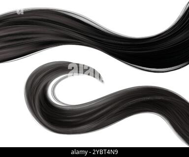 Schwarze Haarsträhnen isoliert auf weißem Hintergrund. Vektor-realistische Illustration von dunklem Hochglanz Locken und langer welliger Sperre für Shampoo Präsentation, BE Stock Vektor