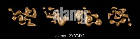 3D abstrakte, goldfarbene flüssige Form. Design von Metallflüssigkeiten. Futuristisches Schokoladen-Ästhetik-WavyBlob-Set. Kreativer Blot mit Reflexion. Kakaotropfen expl Stock Vektor