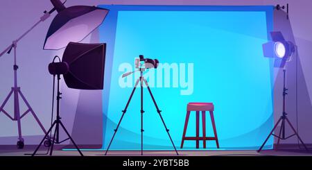 Professionelle Studio-Innenraum-Fotoshooting Backstage-Einrichtung mit blauem Papierhintergrund und Stuhl für Modell, Beleuchtungslampen mit Softbox und Fotokamera o Stock Vektor