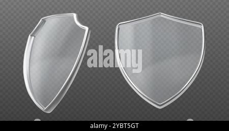 Transparentes weißes Glasschild mit silbernem Metallrand, Vorder- und Seitenwinkel. Realistischer 3D-Vektor-Illustrationssatz mit Schutz- und Schutzsymbol. C Stock Vektor