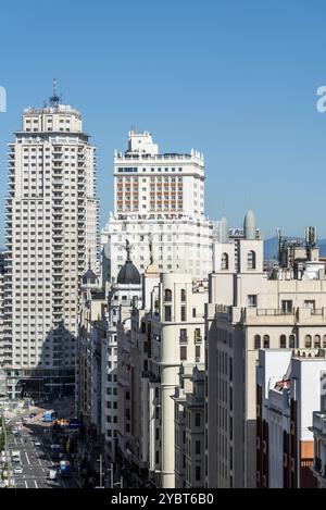 Madrid, Spanien, 15. August 2020: Stadtbild der Gran Via. Luftaufnahme, Europa Stockfoto