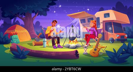 Junges Paar, das am Lagerfeuer sitzt und sich während des Campings mit Wohnmobil in der Nacht im Wald unterhält. Cartoon Vektor Mann und Frau auf Campingplatz Wit Stock Vektor