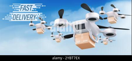 Schnelle Lieferung Banner mit fliegenden Drohnenrobotern und Papppaketen im Himmel. Realistische 3D-Vektor-Illustration des Quadcopters mit Kartonverpackung für Mod Stock Vektor