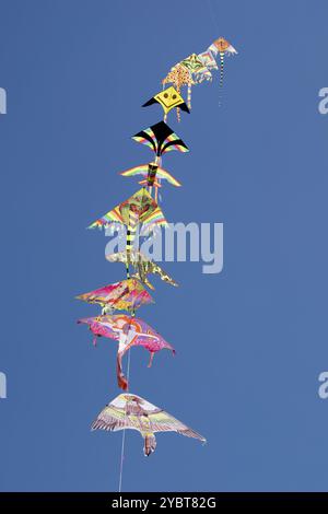 Fotografische Dokumentation der Serie von bunten Drachen, die am blauen Himmel fliegen Stockfoto