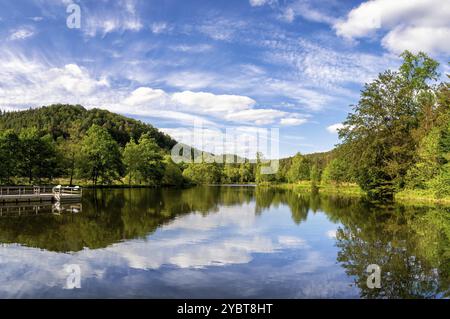 Blick auf einen See im Spiesswoogtal in der Nähe des deutschen Dorfes Fischbach bei Dahn in Rheinland-Pfalz Stockfoto