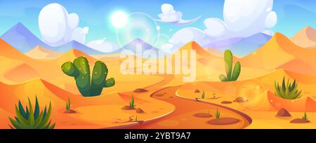 Sandige Wüstenlandschaft mit Straßenperspektive. Vektor-Karikaturillustration von gelbem Gelände mit Sanddünen, Pyramiden, grünen Kakteen, Steinen auf Fußboden Stock Vektor