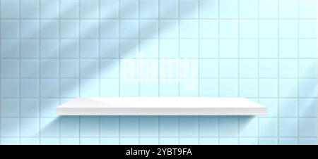 Weißes Regal an blauer Fliesenwand mit Schatten vom Fenster. Realistische 3D-Vektor-Illustration des Badezimmer- oder Kücheninnenraums mit Produktpodium. Anzeige p Stock Vektor