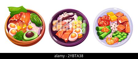 Eine Schüssel in Teller mit Reis und Avocado, Lachsfisch und Ei, Käse und Tomaten, Algen und Salat. Zeichentrickvektor Illustration Satz von traditionell Stock Vektor