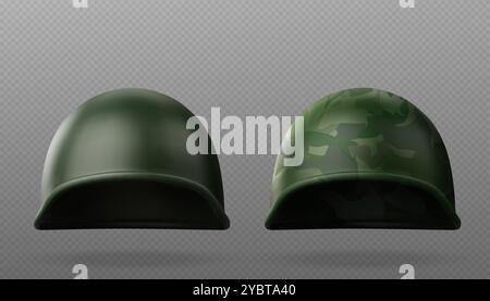 Realistischer Militärhelm in grüner Khaki-Farbe und Camouflage-Muster. 3D Vektor moderne Armee Krieger Kopfschutz Ausrüstung. Uberlebensuniform CLOO Stock Vektor