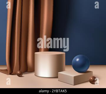 Elegantes 3D-Zylinderpodium auf Seidenstoff Hintergrund. Vektor-realistische Illustration des luxuriösen Produktpräsentationsraums mit blauer Kugel, braunem Satin Stock Vektor
