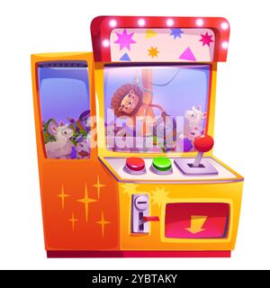 Greifer-Spielautomat gefüllt mit Plüschspielzeug und Roboterkralle hat einen Preis erhalten. Spielautomat mit mechanischem Arm und flauschigem Löwen. Cartoon Stock Vektor