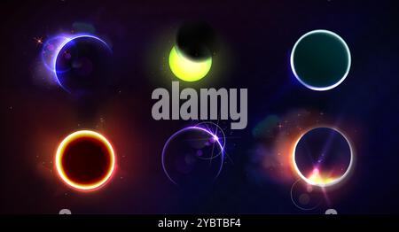 Totale und partielle Sonnenfinsternis mit verschiedenen Neonglühfarben auf dunklem Nachthimmel-Hintergrund. Realistische Vektor-Illustration Set der abstrakten Kosmossonne Stock Vektor