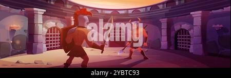 Alte Gladiatorenkrieger in Helmen, mit Schwert und Speer kämpfen auf römischer Rundarena mit Gittertoren, Steinmauern und Sandboden. Cartoon-VEC Stock Vektor