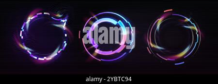 Kreisförmiger Rahmen mit Glitzer- und Neonlicht-Effekt. Digitale runde, geometrische Lichteinfassung mit Vintage-vhs-Verzerrung. Realistischer Vektorillustrationssatz von Stock Vektor