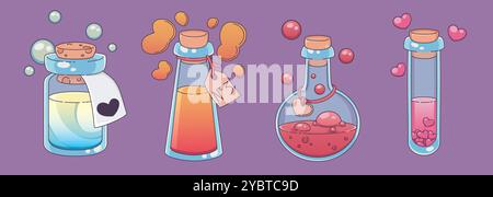 Zaubertrank in Glasflasche und Flasche. Zeichentrickvektor-Illustration Set des niedlichen rosa und roten romantischen Elixiers mit herzförmigen Blasen und Zeichen Stock Vektor