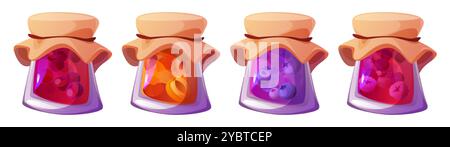 Süße Obst- und Beerenkonfitüre im Glasbehälter mit Stoffkappe. Zeichentrickvektor-Illustration Set von hausgemachter Marmelade mit Kirsche, Aprikose, blu Stock Vektor