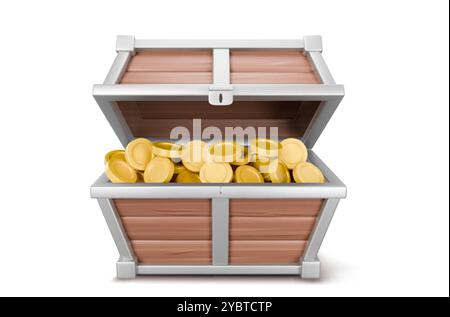 3D offene Schatzkiste mit goldenem Münzvektor. Goldgeld in Holzkiste. Realistisches, vollständiges Kofferraumobjekt für ein mysteriöses Adventure-Spiel. Gefüllte Beute Stock Vektor