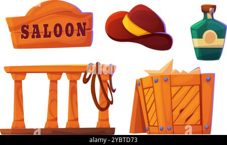 Design-Elemente des Western Saloons isoliert auf weißem Hintergrund. Vektor-Karikaturillustration von hölzernem Schild, Sheriff Hut, Lasso auf hölzernem Balustrad Stock Vektor