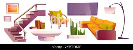 Wohnzimmermöbel und Designelemente. Zeichentrickvektor Illustration Satz von Haus oder Hotel moderne Schränke - gelbes Sofa und Sessel, Stai Stock Vektor