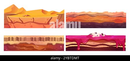Unterirdischer, geschichteter Bodenabschnitt für das Design der benutzeroberfläche auf Spielebene. Cartoon-Vektor-Set der geschnittenen Bodenplattform mit Sand und trockenem Land, Lava und süßem candyland Stock Vektor