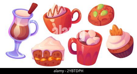 Gewürzkuchen Latte. Niedliche Herbstkürbis-Kaffee-Karikaturillustration. Halloween-Drink und Dessert-Ikonen. Leckeres Bäckerei-Set mit rotem Becher, isoliertem Desi Stock Vektor