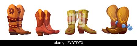 Cowboystiefel auf weißem Hintergrund. Vektor-Karikaturillustration von Vintage Retro-Schuhen mit Heels und Metallspornen, traditionelle westliche Ranc Stock Vektor