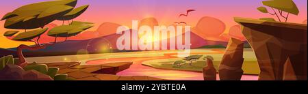 Afrikanische Savannenlandschaft bei Sonnenuntergang oder Sonnenaufgang. Sonnenuntergang oder Sonnenaufgang Afrikas Wüstenlandschaft mit Fluss- und Grünland, Bäumen und Büschen, Felsenbergen Stock Vektor