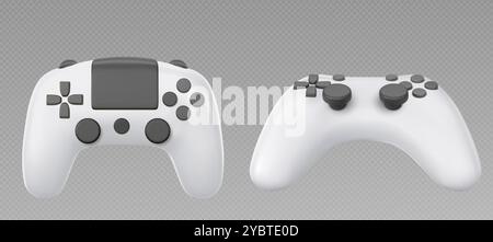 Videospiel-Controller isoliert auf transparentem Hintergrund. Vektorrealistische Darstellung des weißen 3D-Joysticks mit schwarzen Tasten von oben und von der Seite, Stock Vektor