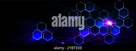 Abstraktes Sechseckmuster auf schwarzem Hintergrund. Vektor-realistische Illustration der medizinischen Wissenschaft oder Kommunikationstechnologie Präsentationsvorlage, Neon Stock Vektor