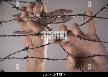 Hände greifen der Stacheldraht im Zeichen weg mit dem weißen Hintergrund zu laufen Stockfoto