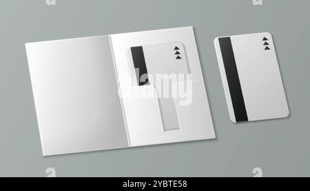 Bankkarten-Mockups werden isoliert im Hintergrund festgelegt. Vektor-realistische Illustration der leeren Plastikkreditkarte mit Magnetstreifen im Papierumschlag, Shopp Stock Vektor