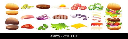 Hamburger Zutatenset für Fast-Food-Konstrukteure. Zeichentrickvektor Illustration Set von Sandwichelementen - Brötchen und Fleischkotelett, geschnittenes Gemüse und Stock Vektor