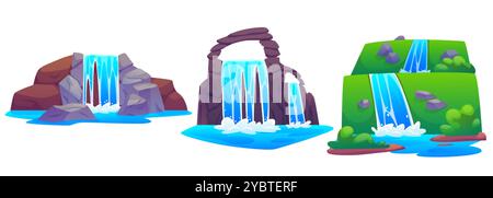 Wasserfall auf felsigem und mit grünem Grasberg bedeckt. Zeichentrickvektor-Illustration Set von Kaskade fallendes blaues Wasser des Baches von der Klippe. Fluss ein Stock Vektor