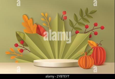 Herbsthintergrund mit realistischem 3D-Zylinder-Produktpodium und Papier geschnittenen Blättern, Beeren und Kürbissen im Studio-Raum. Grüne, orange und gelbe Herbste Stock Vektor