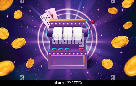 Spielautomat und goldene Münzen fliegen auf violettem Hintergrund. Vektor realistische Illustration des Online-Casino-Symbols, Glücksspielbanner mit Geld, Poker CA Stock Vektor