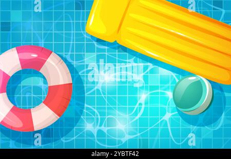Sommer Schwimmen Pool von oben Blick Vektor Hintergrund. Aufblasbarer Ring schwimmt auf Wasserwelligkeit. Hotel am Pool über Design mit Rettungsschirm, Matratze und Badewanne Stock Vektor