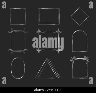 Silberrahmen isoliert auf schwarzem Hintergrund. Vektor realistische Illustration von elegantem Quadrat, Oval, Dreieck, Rechteck, Bogenränder mit Glitzer Stock Vektor