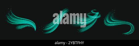 Türkisfarbene Luftströme isoliert auf schwarzem Hintergrund. Vektor-realistische Illustration des grünen Neonlichts-Wirbeleffekts mit schimmernden Partikeln, kalt Stock Vektor