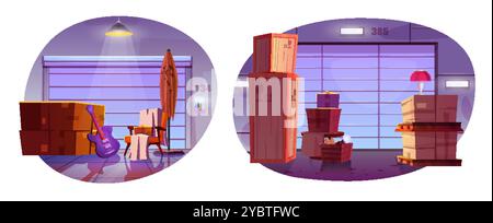 Selbstspeicherungseinheit. Vektor des Minilagergebäudes Garage oder Fabrik im Inneren mit Box und Möbeln isolierte Karikaturszene. Frachtlieferung an mich geschlossen Stock Vektor