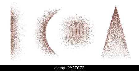 Gemahlene Kaffeebohne oder Schokoladenpulver in verschiedenen Formen und Rändern. Realistische 3D-Vektor-Illustration Set der Kakaopartikelspritztextur Linie und Stock Vektor